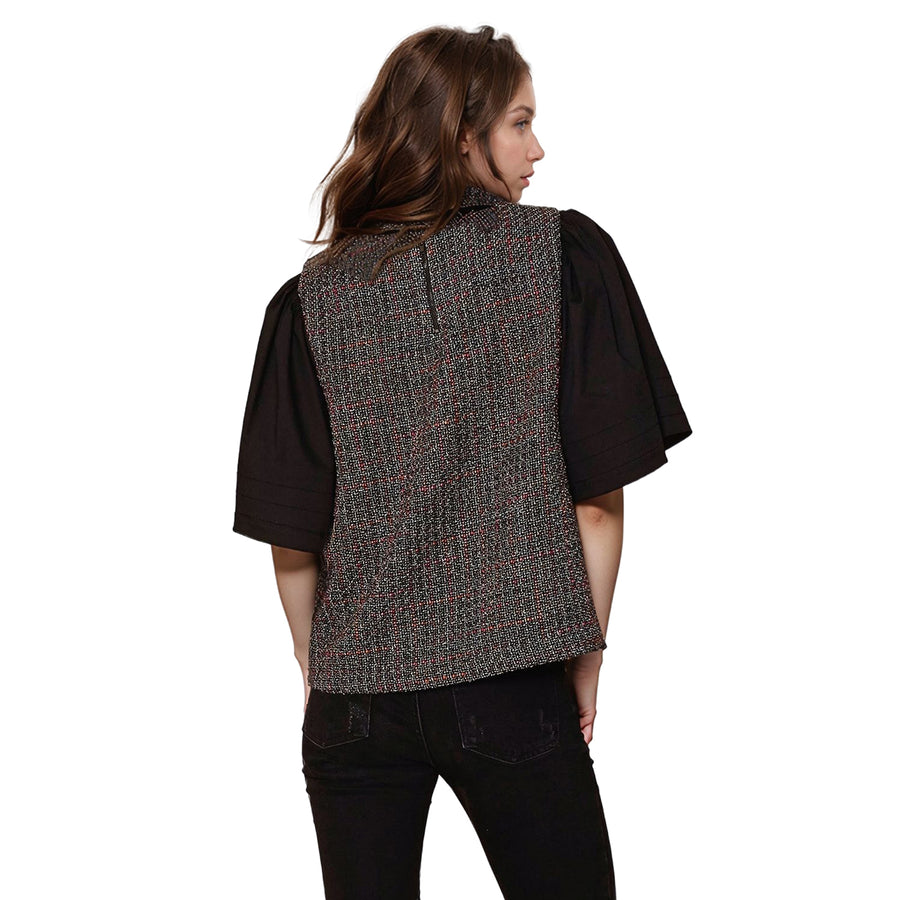 Women's Pleated Sleeve Top In Black Ribbon