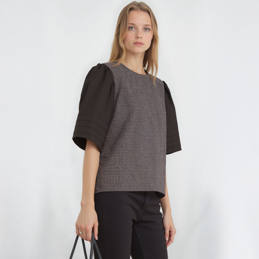 Women's Pleated Sleeve Top In Black Ribbon