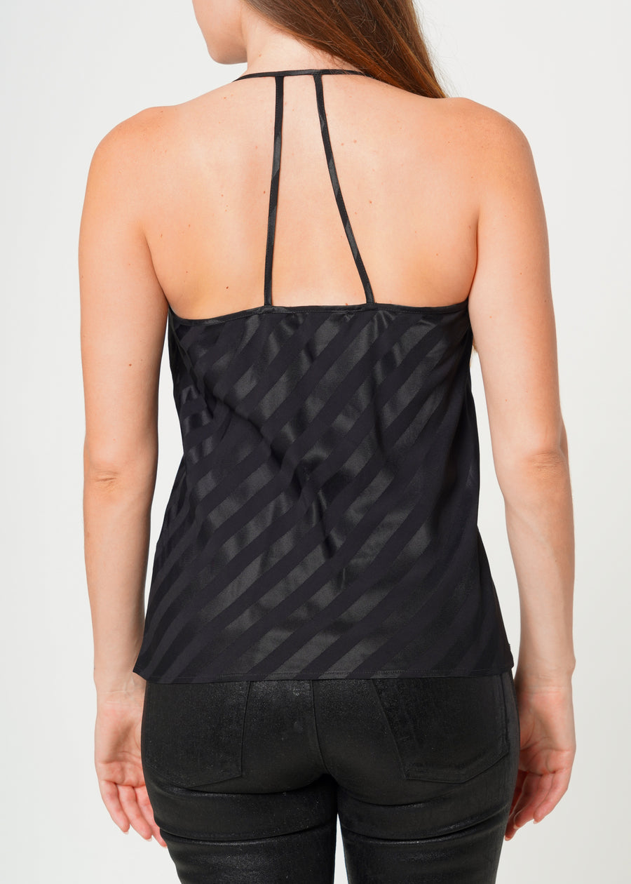 Women's Stripe Satin Draped Neck Camisole in Black