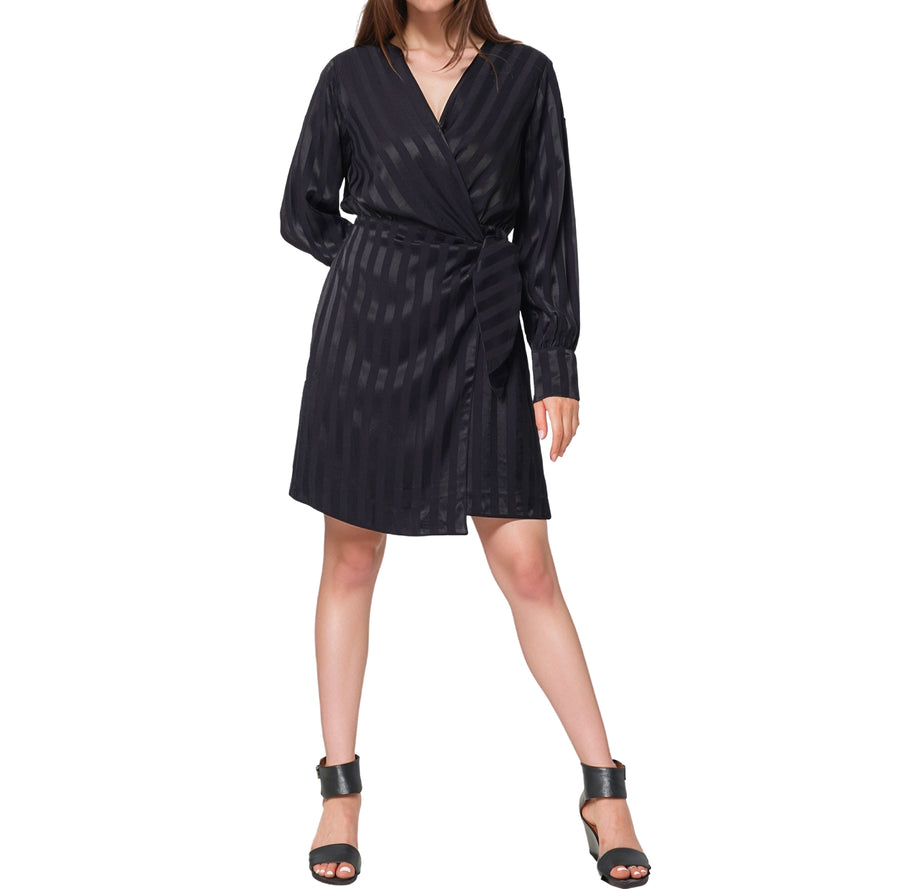 Women's Stripe Satin Long Sleeve Mini Dress in Black
