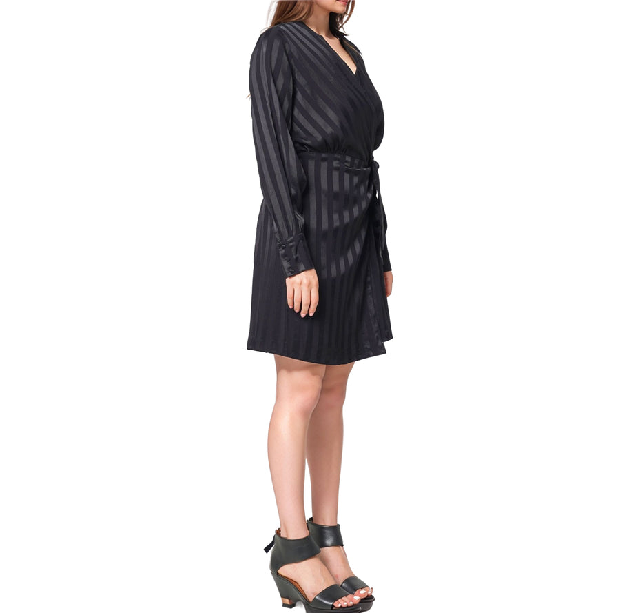 Women's Stripe Satin Long Sleeve Mini Dress in Black