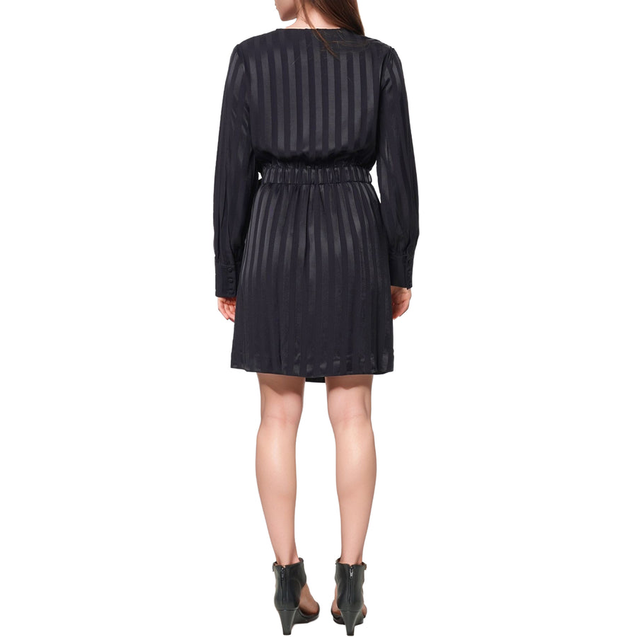Women's Stripe Satin Long Sleeve Mini Dress in Black