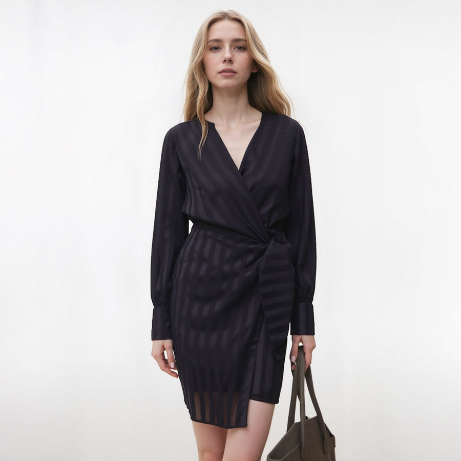 Women's Stripe Satin Long Sleeve Mini Dress in Black