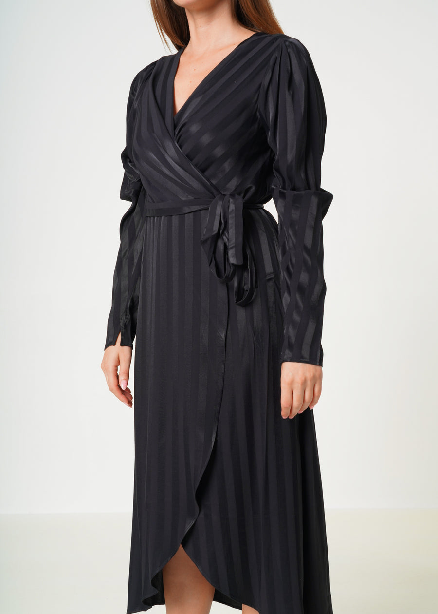 Stripe Satin Long Sleeve Mini Dress in Black