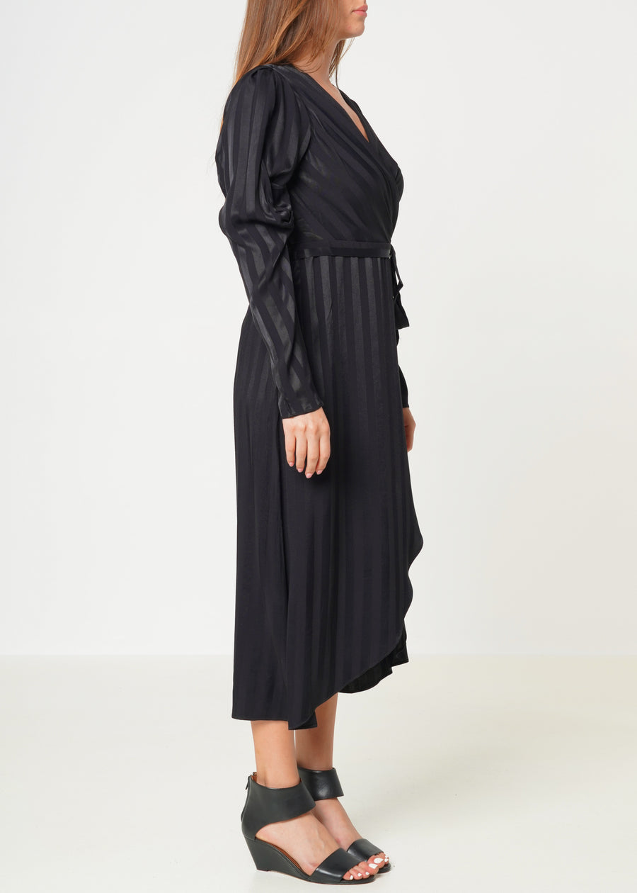 Stripe Satin Long Sleeve Mini Dress in Black