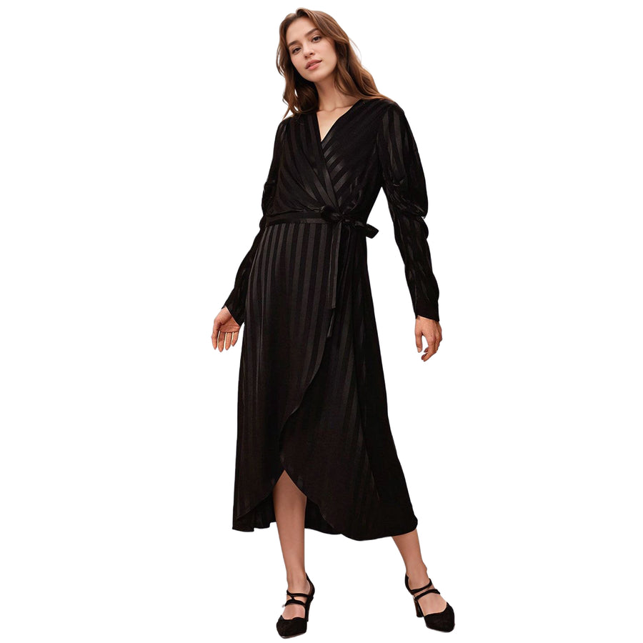 Women's Puffy Shoulder Dress in Black Stripe