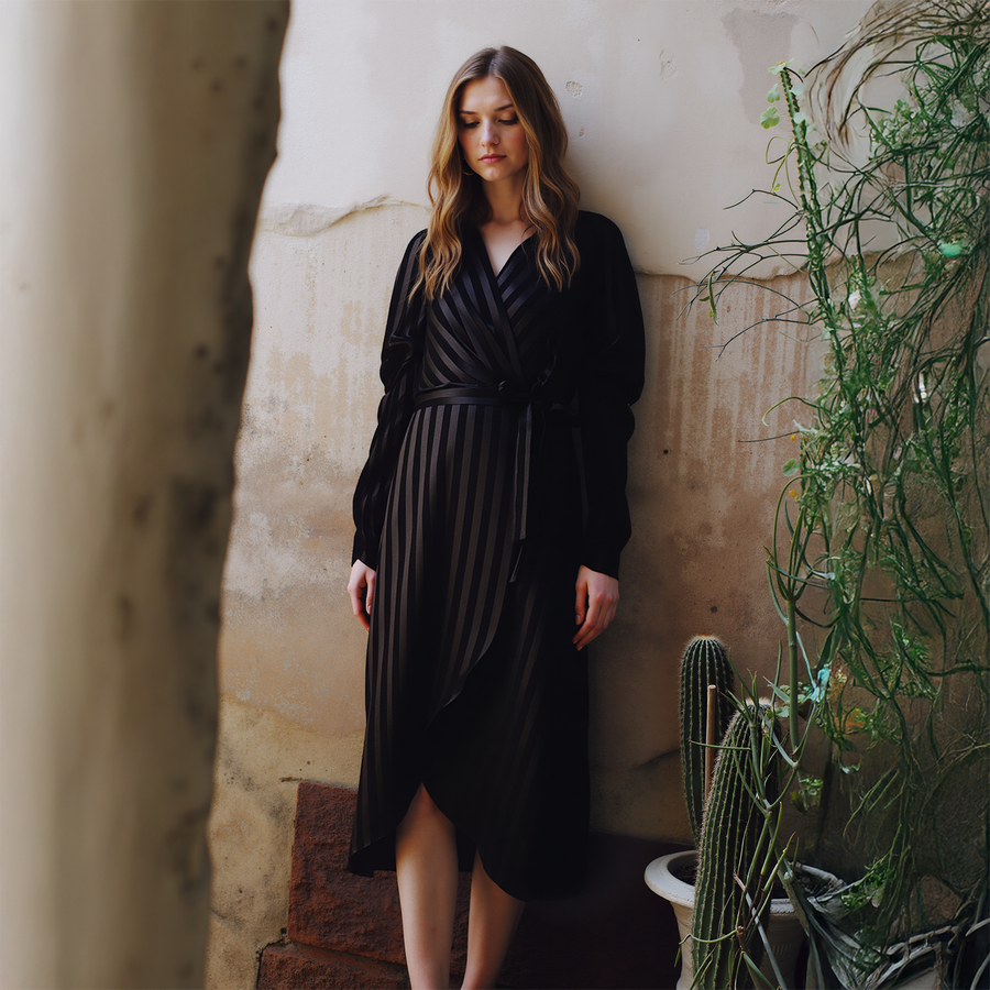 Women's Puffy Shoulder Dress in Black Stripe