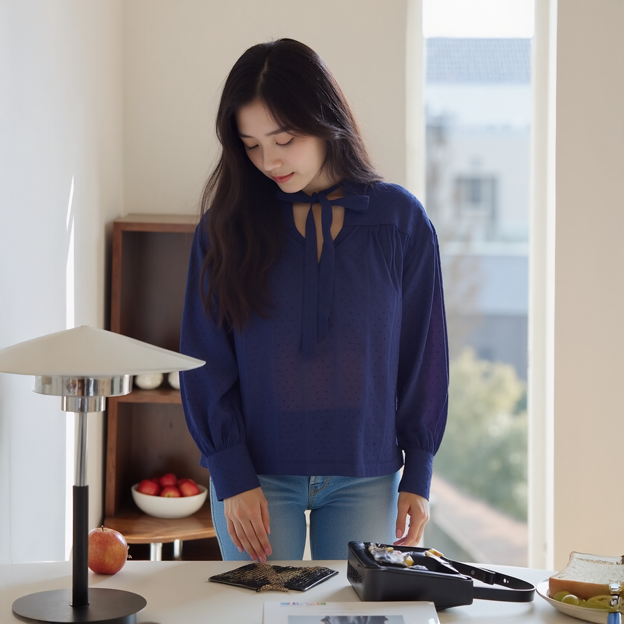 Women's Dotted Tie Neck Blouse in Midnight Stripe