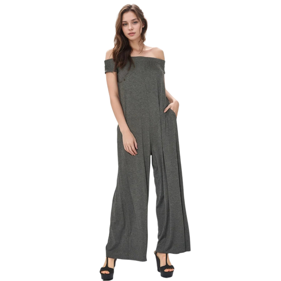 Women's Off Shoulder Wide Leg Jumpsuit With Pockets