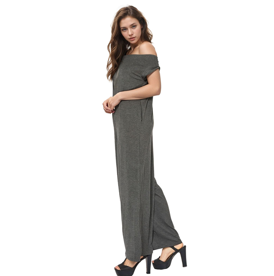 Women's Off Shoulder Wide Leg Jumpsuit With Pockets