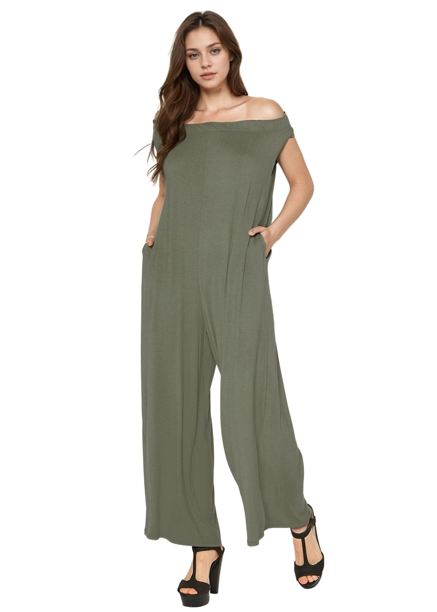 Women's Off Shoulder Wide Leg Jumpsuit With Pockets