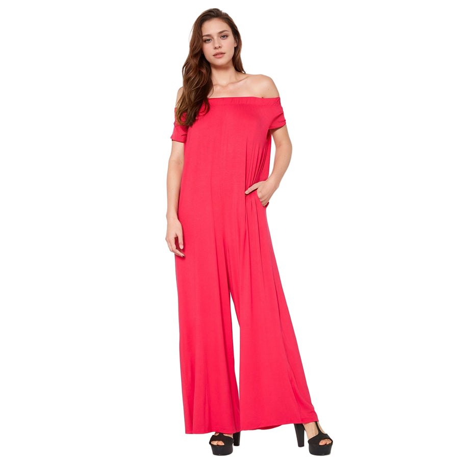 Women's Off Shoulder Wide Leg Jumpsuit With Pockets