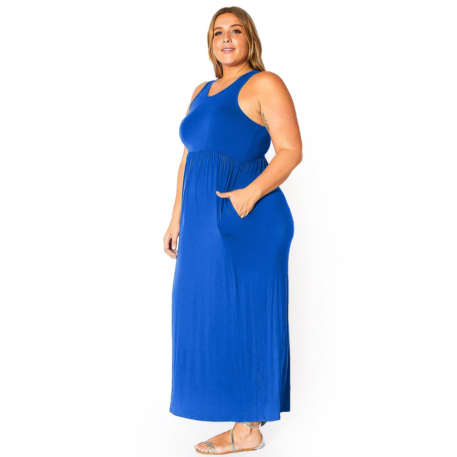 ro_de Plus Size Womens Sleeveless Pleated Maxi Dress - blue - 3X ro_de Plus Size Womens Sleeveless Pleated Maxi Dress - blue - 3X