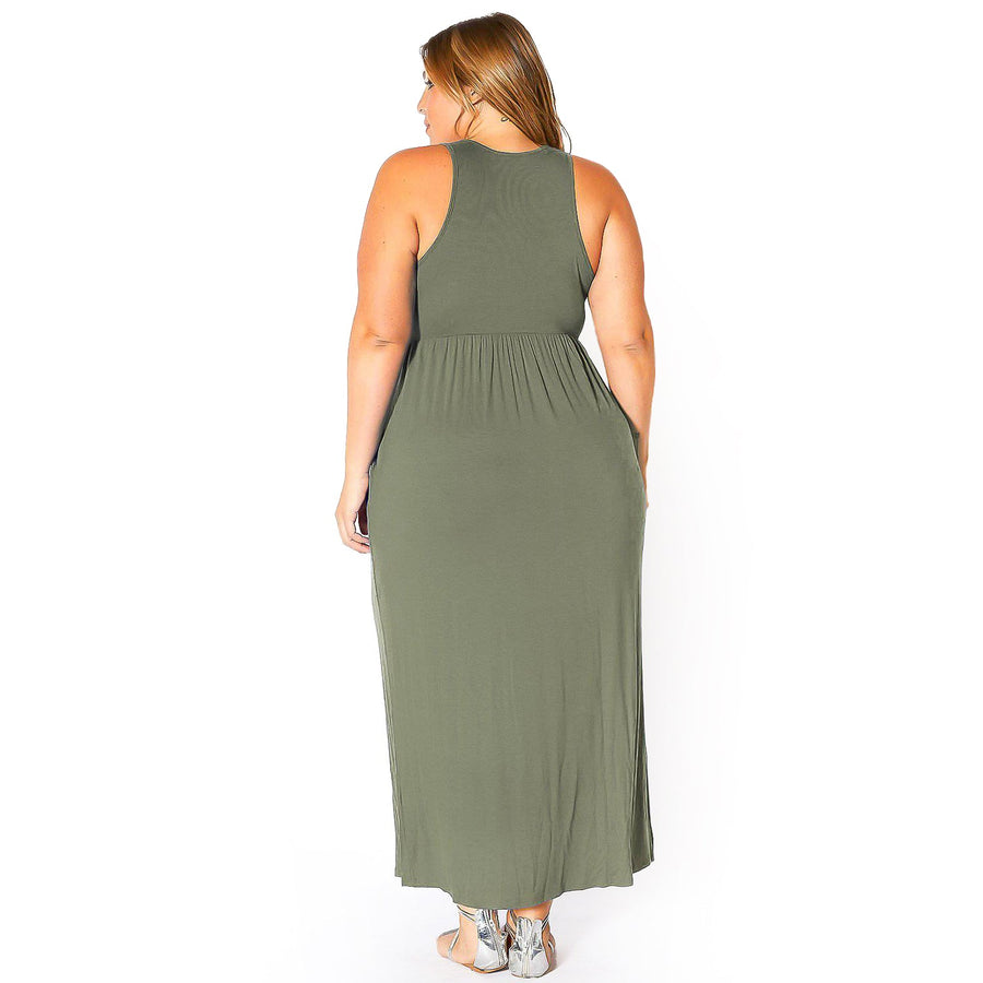 Plus Size Womens Sleeveless Pleated Maxi Dress Olive / 1x Plus Size Womens Sleeveless Pleated Maxi Dress Olive / 1x