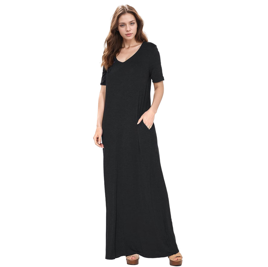 Women's V-neck Short Sleeve Maxi Dress With Pockets