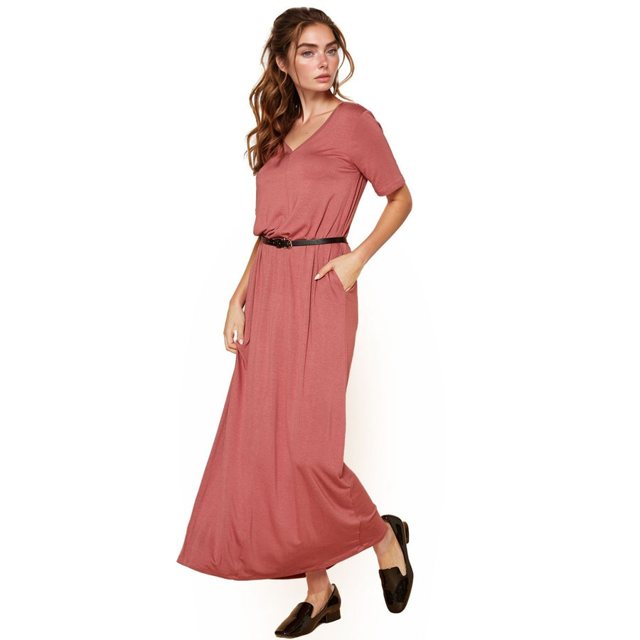 Women's V-neck Short Sleeve Maxi Dress With Pockets