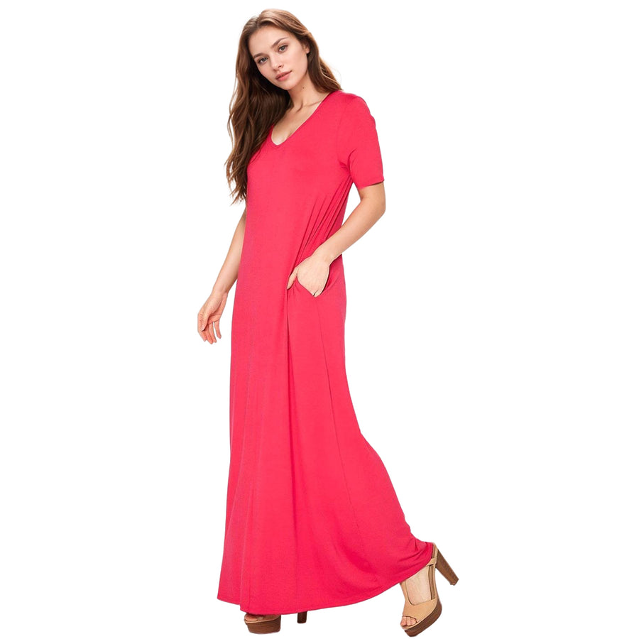 Women's V-neck Short Sleeve Maxi Dress With Pockets