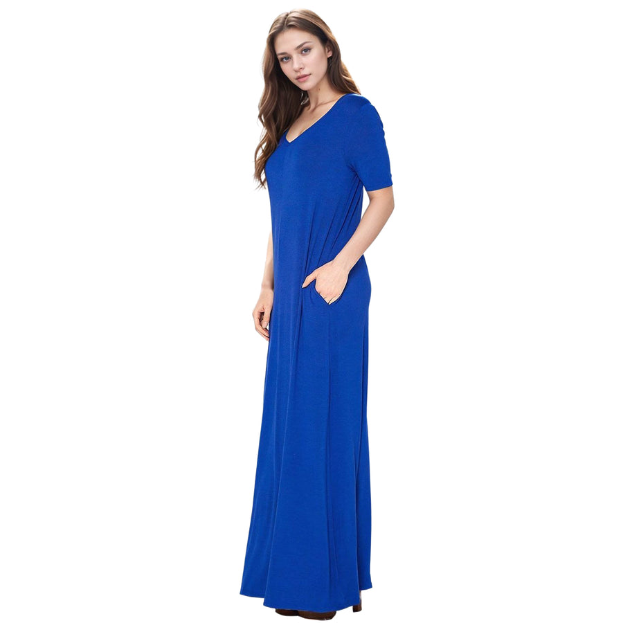 Women's V-neck Short Sleeve Maxi Dress With Pockets