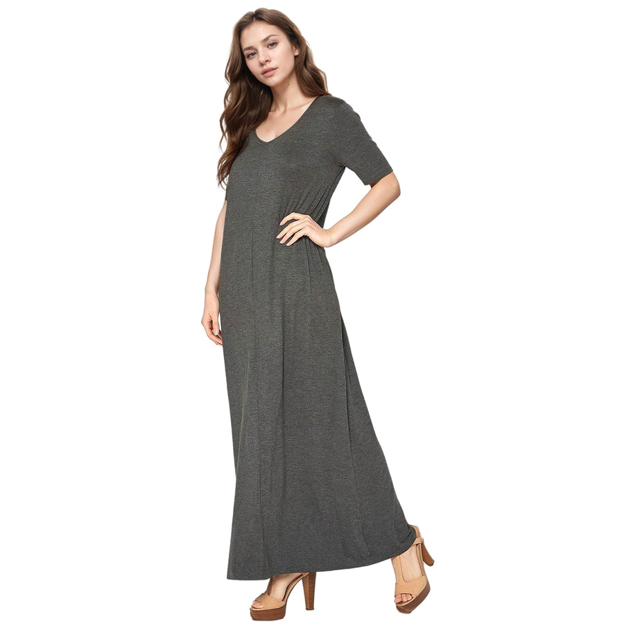 Women's V-neck Short Sleeve Maxi Dress With Pockets