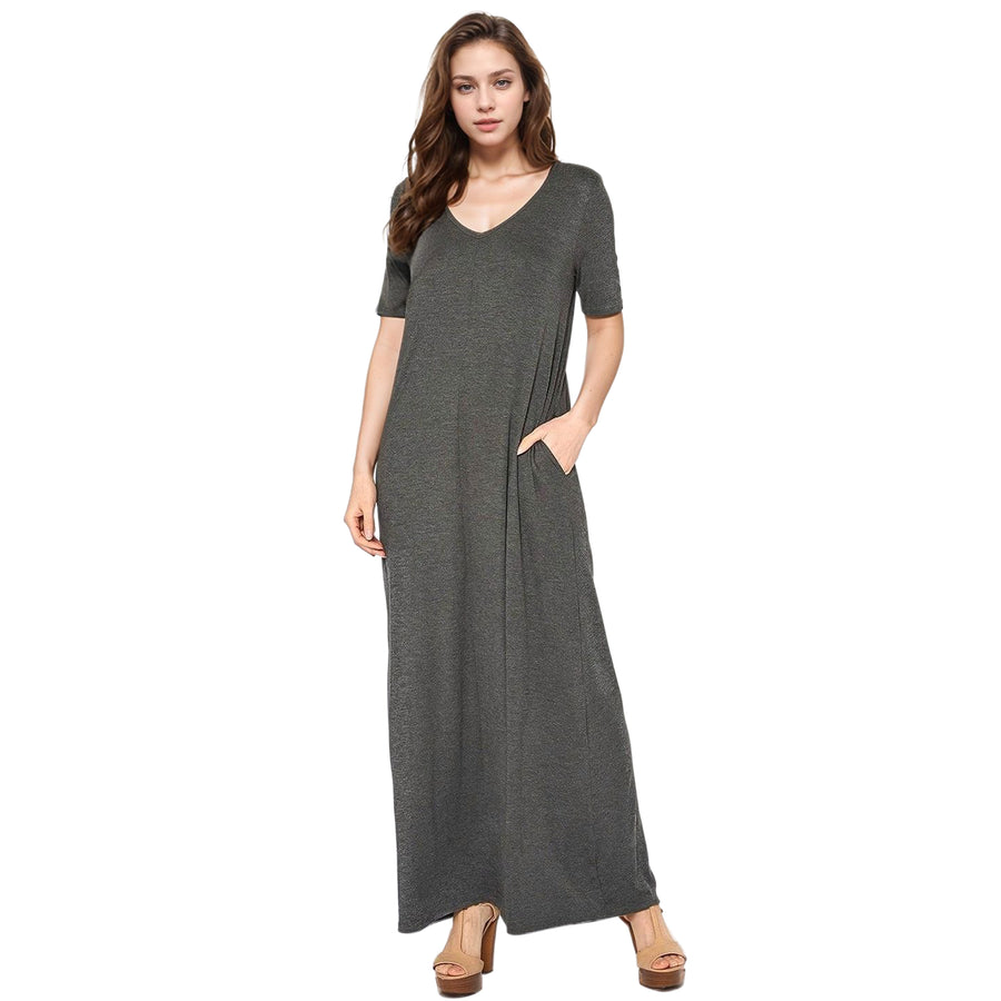 Women's V-neck Short Sleeve Maxi Dress With Pockets