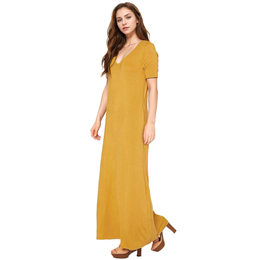 Women's V-neck Short Sleeve Maxi Dress With Pockets