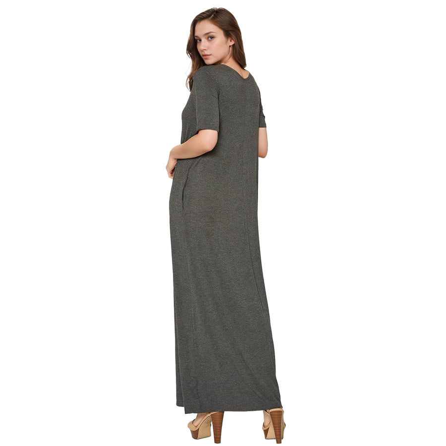 Women's V-neck Short Sleeve Maxi Dress With Pockets