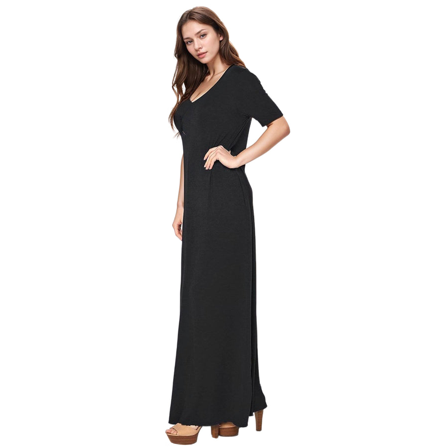 Women's V-neck Short Sleeve Maxi Dress With Pockets