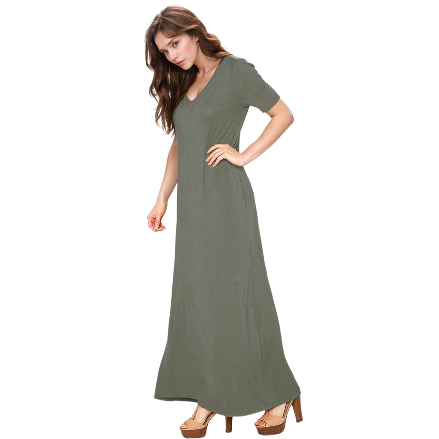 Women's V-neck Short Sleeve Maxi Dress With Pockets