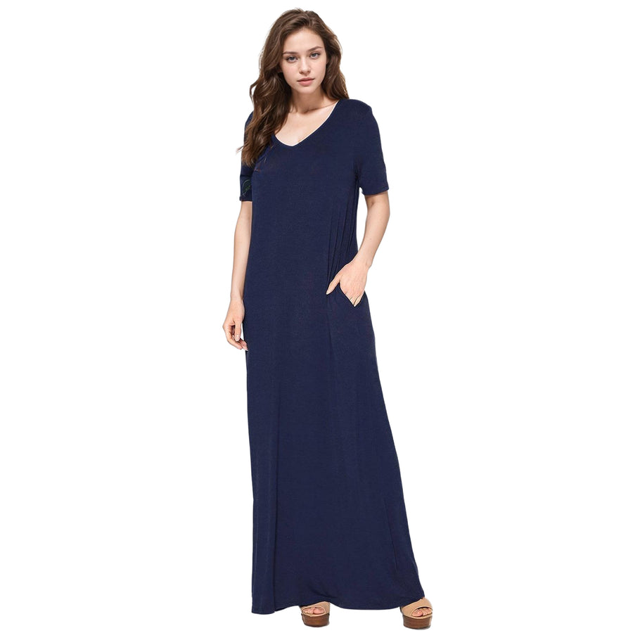 Women's V-neck Short Sleeve Maxi Dress With Pockets