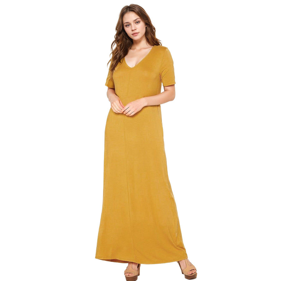 Women's V-neck Short Sleeve Maxi Dress With Pockets