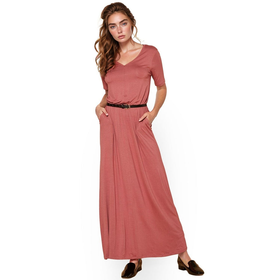 Women's V-neck Short Sleeve Maxi Dress With Pockets