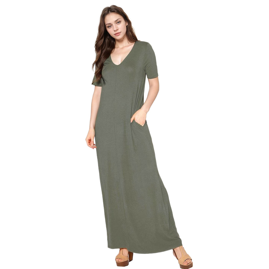 Women's V-neck Short Sleeve Maxi Dress With Pockets