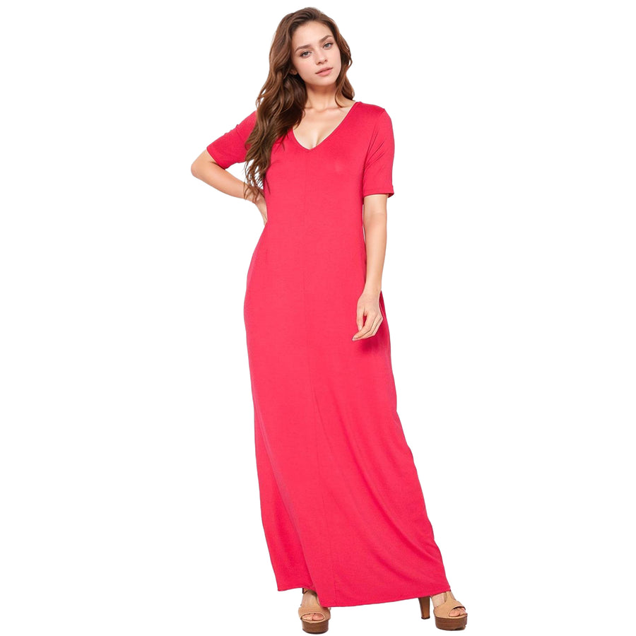 Women's V-neck Short Sleeve Maxi Dress With Pockets