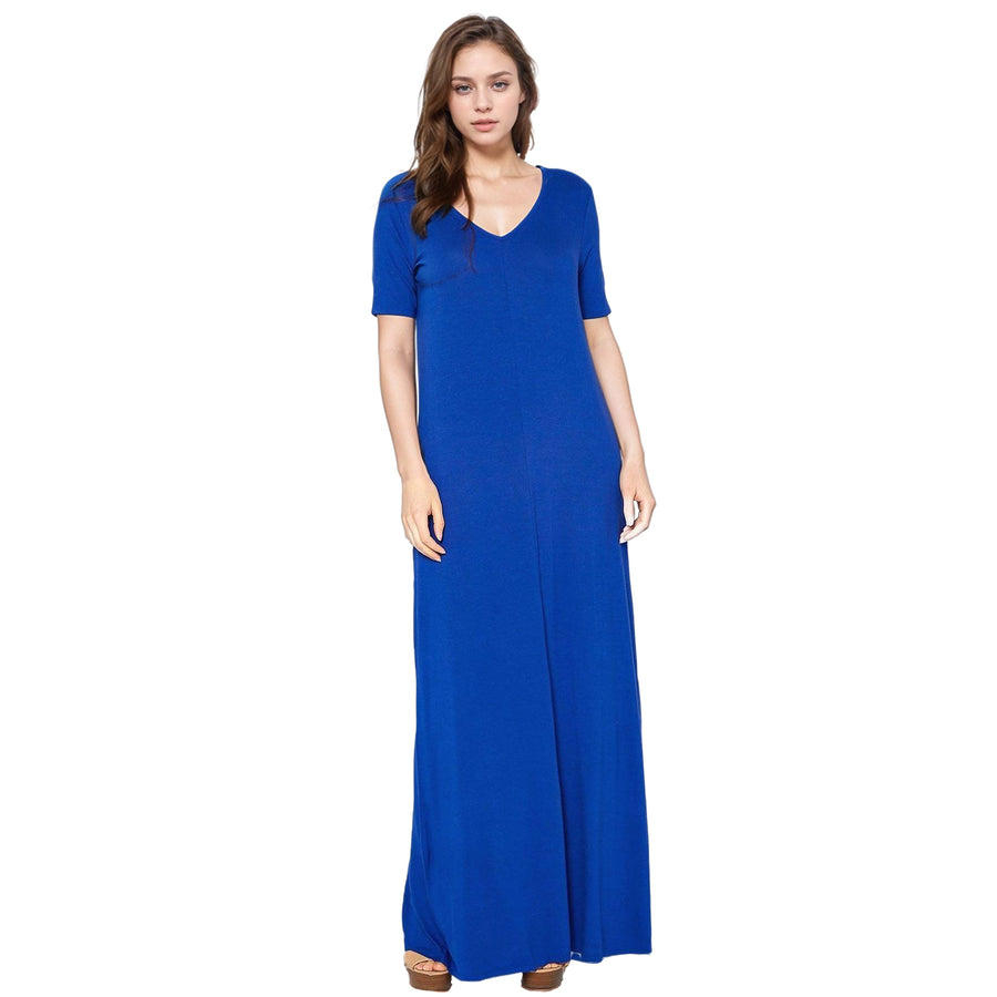 Women's V-neck Short Sleeve Maxi Dress With Pockets
