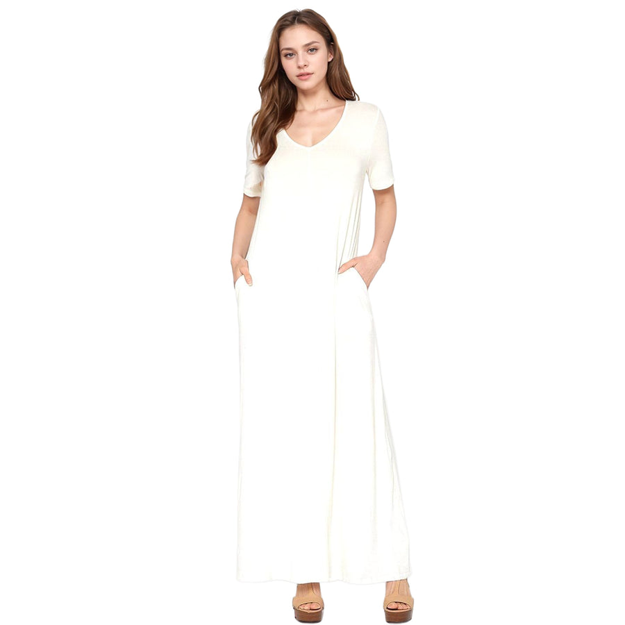 Women's V-neck Short Sleeve Maxi Dress With Pockets