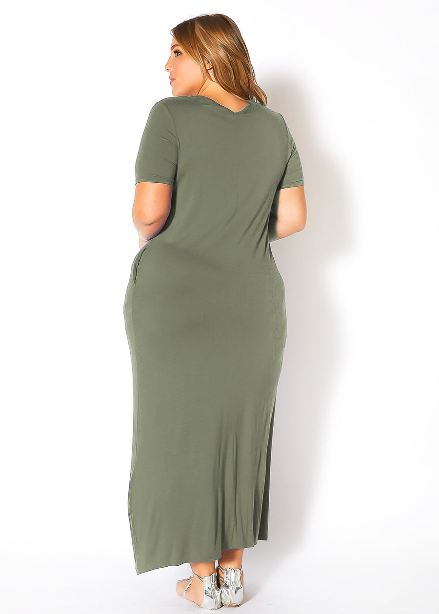 Plus Size V-neck Short Sleeve Maxi Dress With Pockets