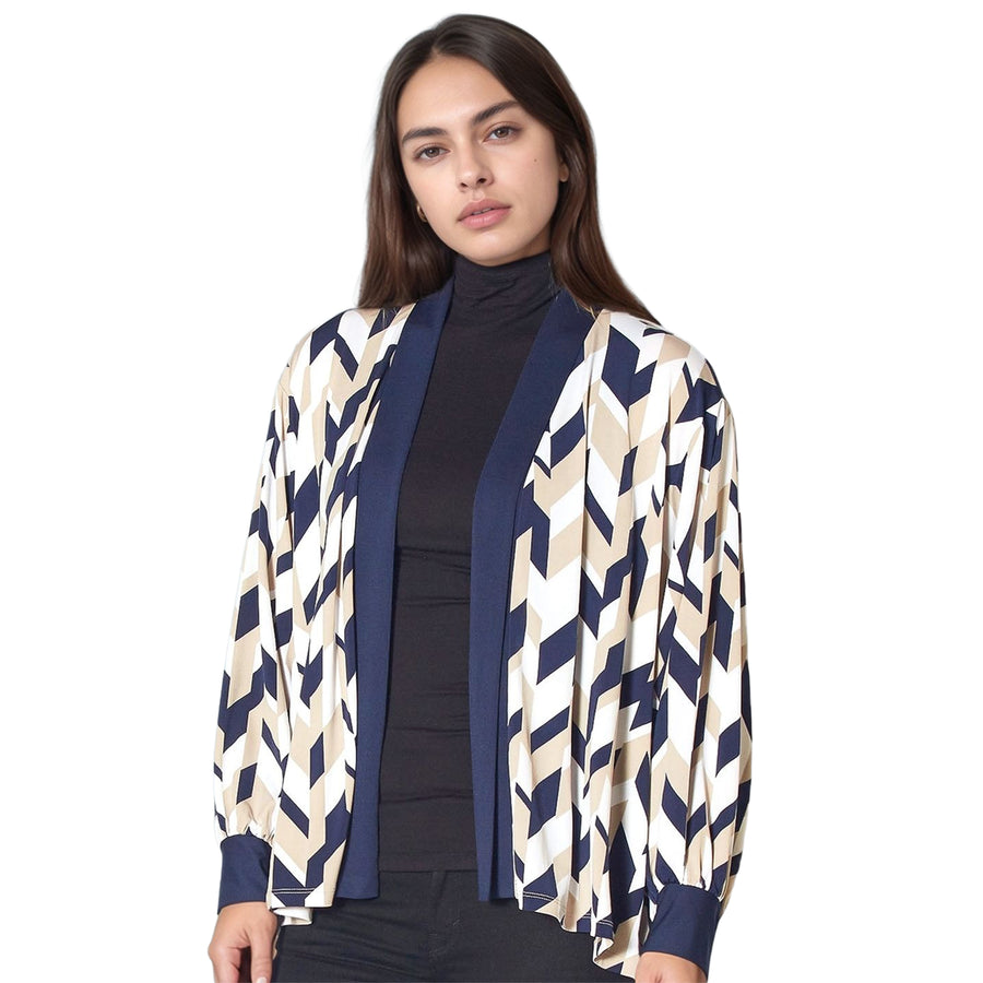 Pleione Women's Geo Print Open Front Cardigan In Taupe Navy