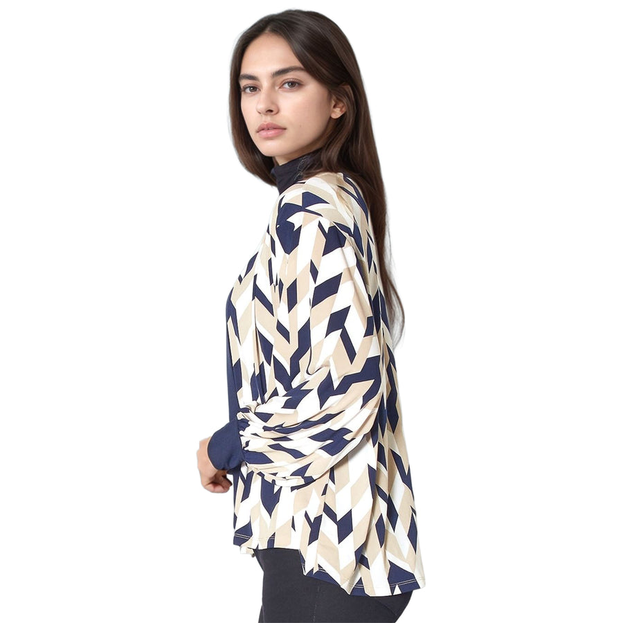 Pleione Women's Geo Print Open Front Cardigan In Taupe Navy