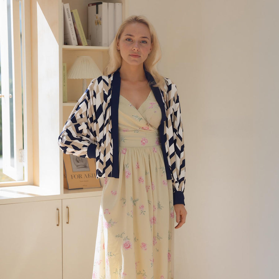 Pleione Women's Geo Print Open Front Cardigan In Taupe Navy