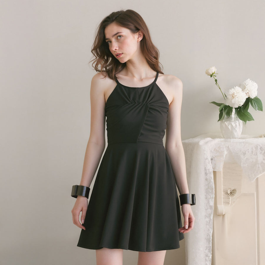 Women's Halter Neck Gathered Front Dress In Black