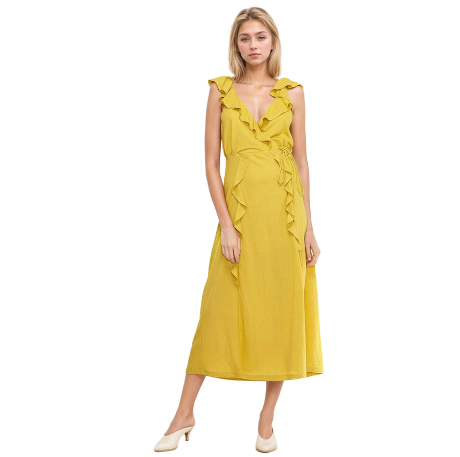 Women's Ruffle Trim Wrapped Maxi Dress in Mustard