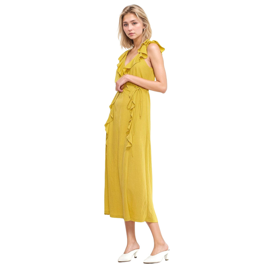 Women's Ruffle Trim Wrapped Maxi Dress in Mustard