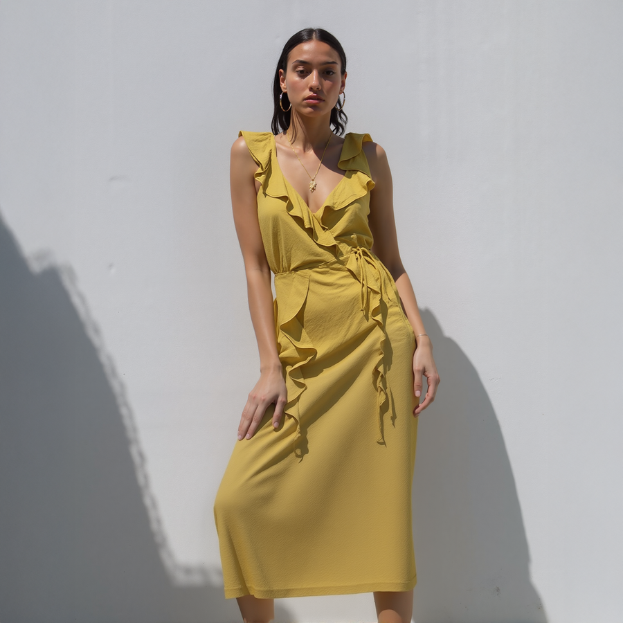 Women's Ruffle Trim Wrapped Maxi Dress in Mustard | Shop at Konus Women's Ruffle Trim Wrapped Maxi Dress in Mustard | Shop at Konus