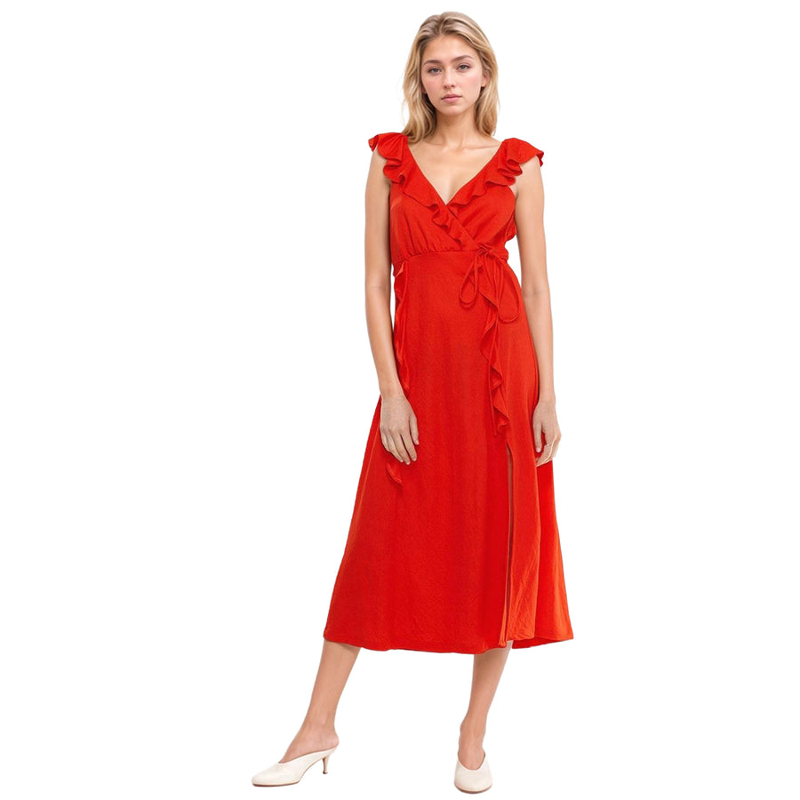 Women's Ruffle Trim Wrapped Maxi Dress in Red