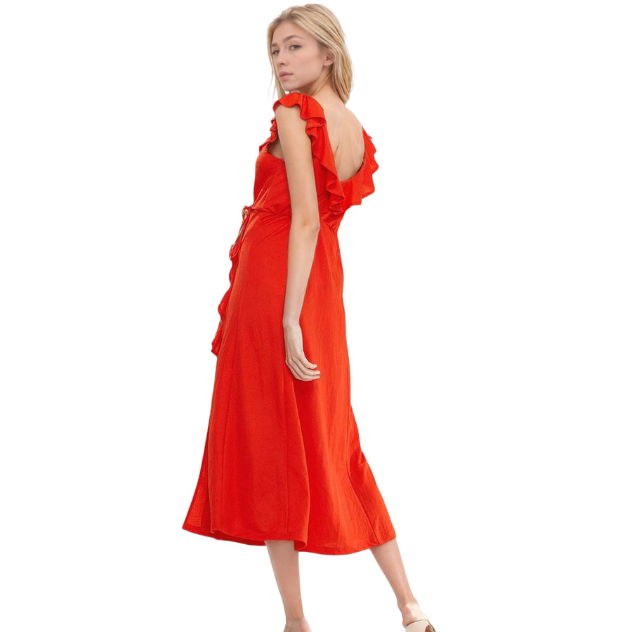 Women's Ruffle Trim Wrapped Maxi Dress in Red