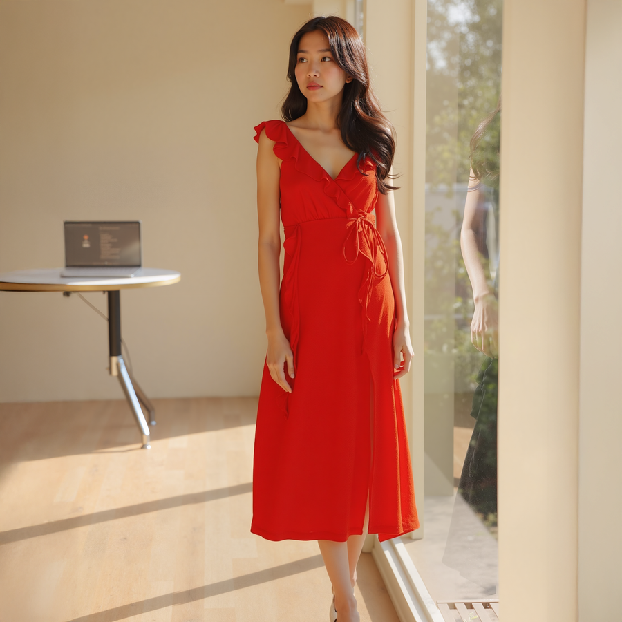 Women's Ruffle Trim Wrapped Maxi Dress in Red