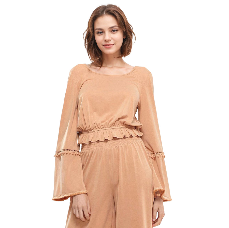 Women's Fringe Cuff Bell Sleeve Top in Apricot