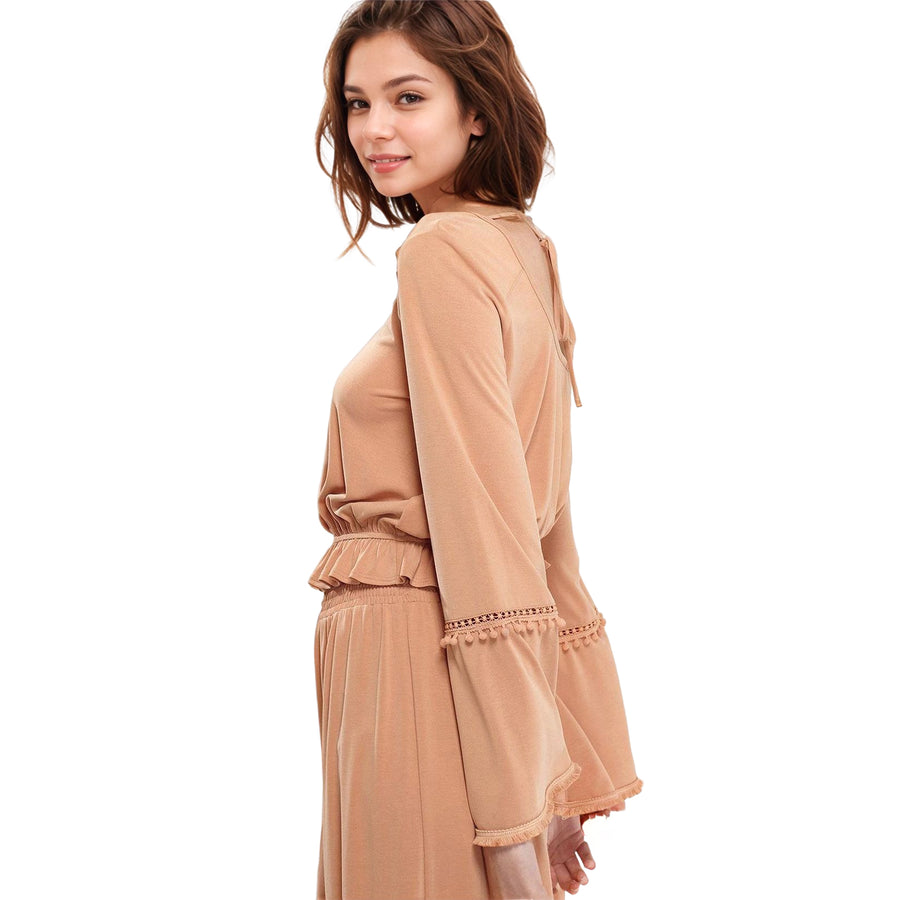 Women's Fringe Cuff Bell Sleeve Top in Apricot