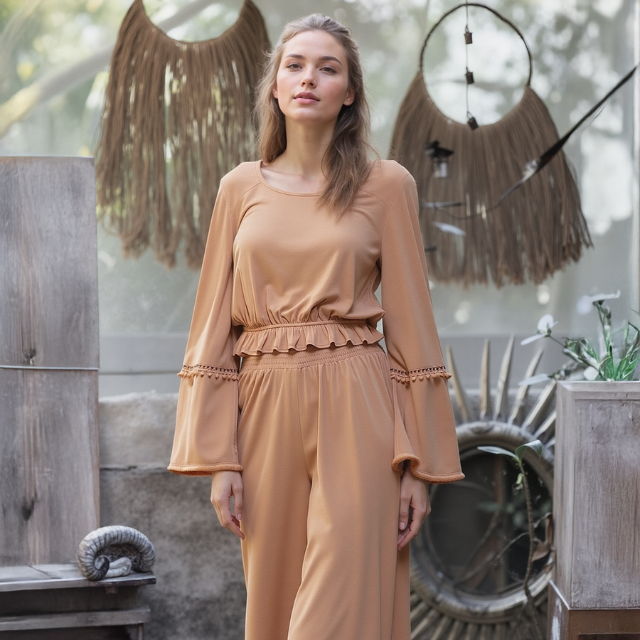 Women's Fringe Cuff Bell Sleeve Top in Apricot