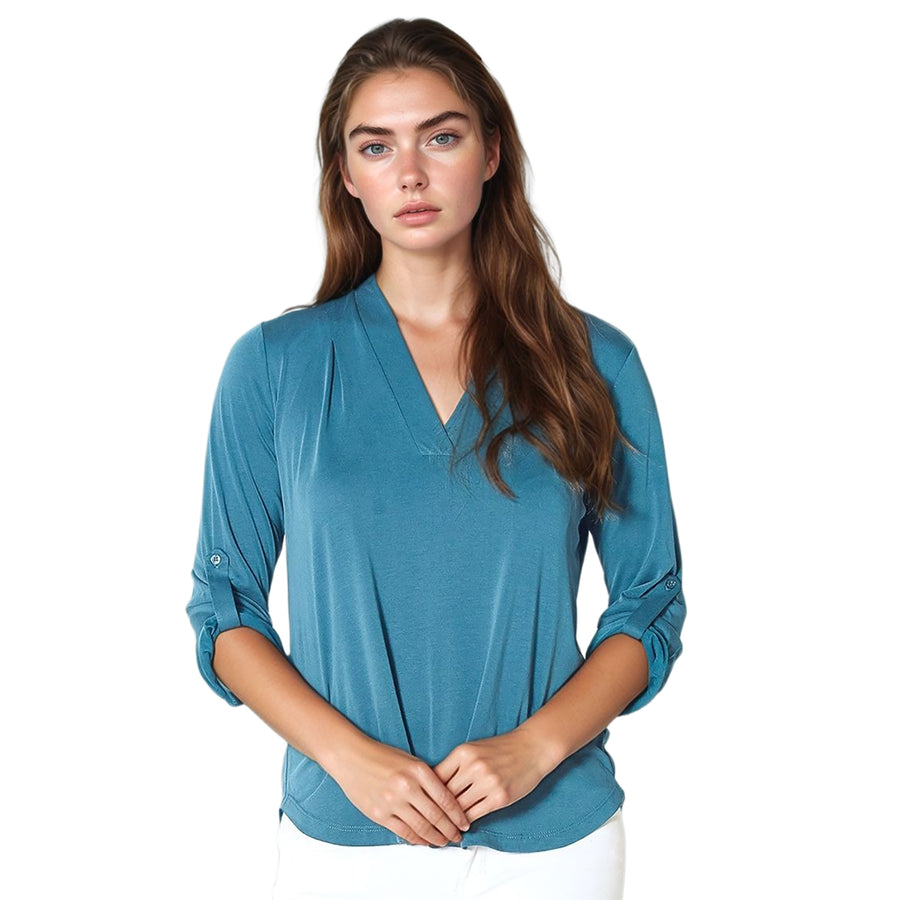 Pleione Roll Up Sleeve V-Neck Blouse In Teal